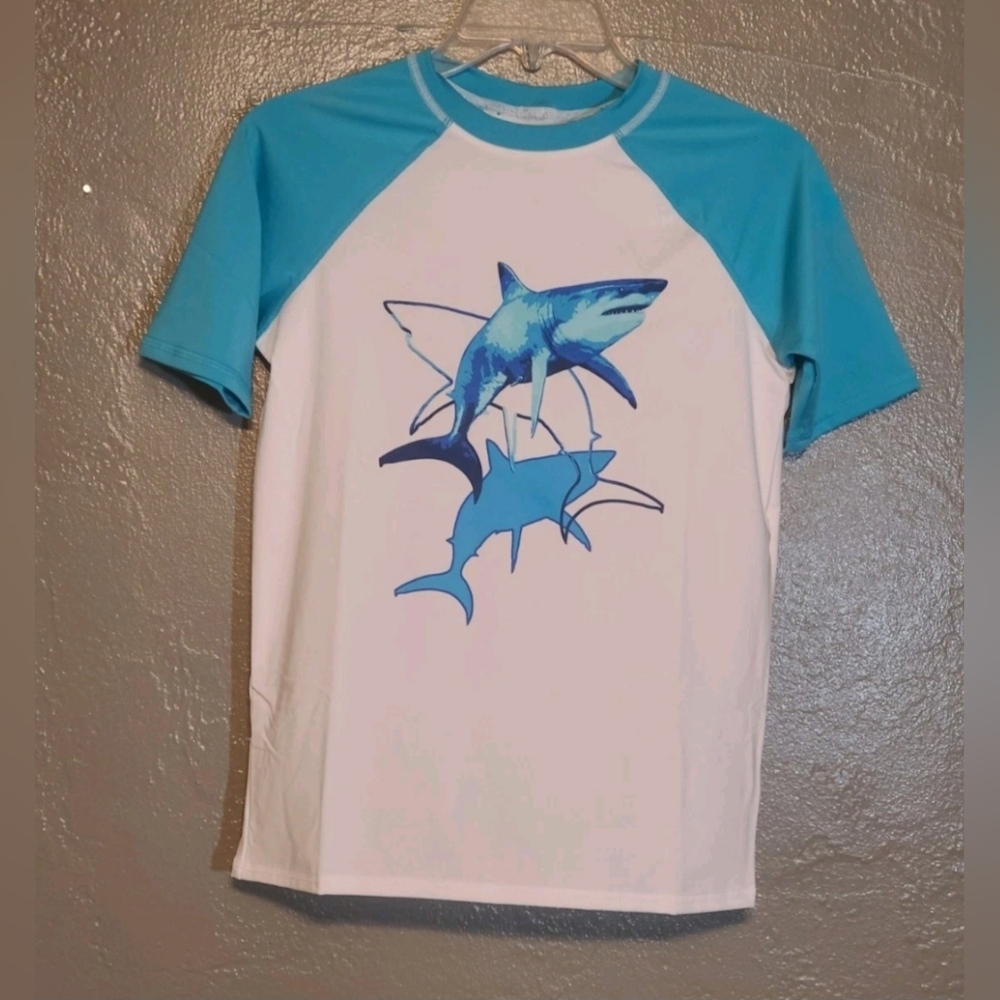Lands' End Boys Blue Shark Swim Shirt NWOT Large 10-12 Rashguard - Picture 10 of 10